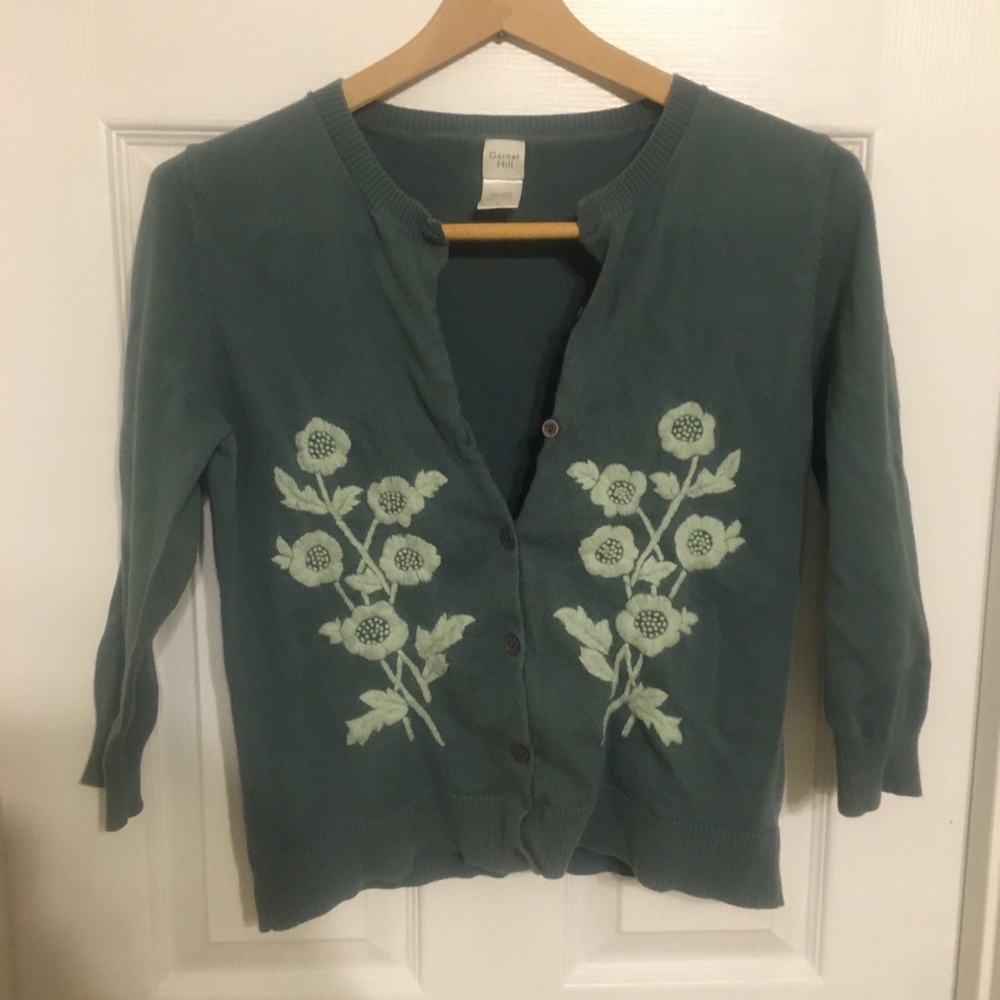 Garnet Hill Womens Vintage Embroidered Floral Sweater Cardigan Size Small